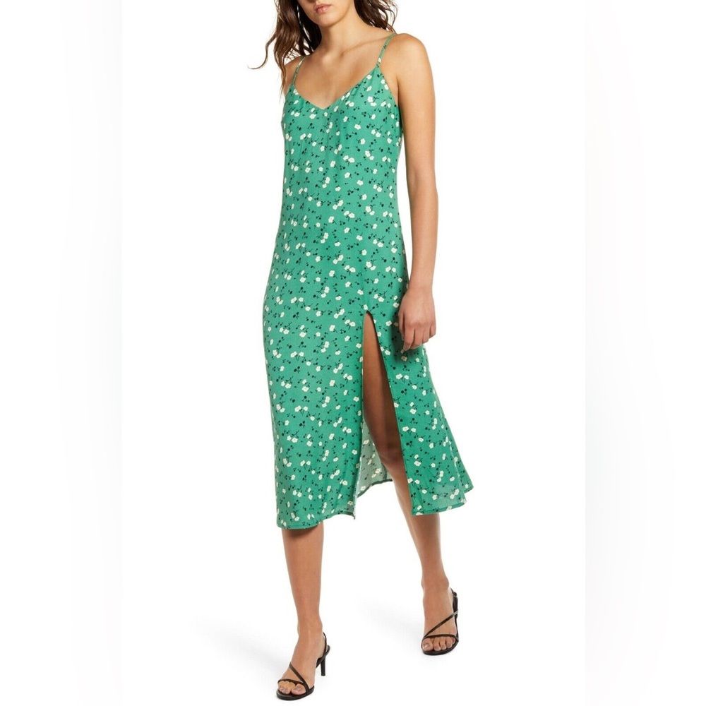 Reformation Pico Green Floral Print crimini 
Thigh High Slit Slip-Dress
